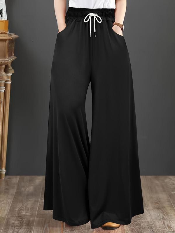  Solid Drawstring Waist Wide Leg Pants, Casual Pocket Trousers for Daily Wear, Pants for Women, Baggy Pants, Women's Bottoms for All Seasons
