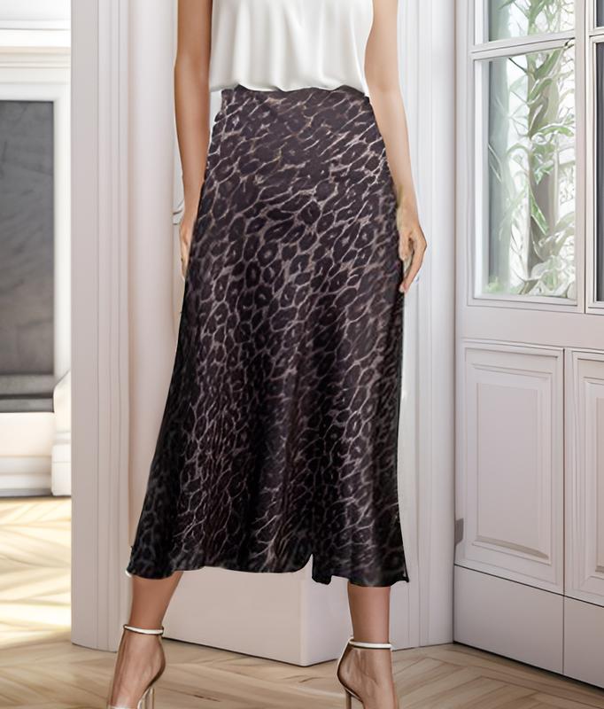 ZEAGOO Leopard Skirts for Women Midi Long Length High Waist Cheetah Skirts Satin Silk Elastic Skirts(S-XXL) Black Friday Spandex Womenswear