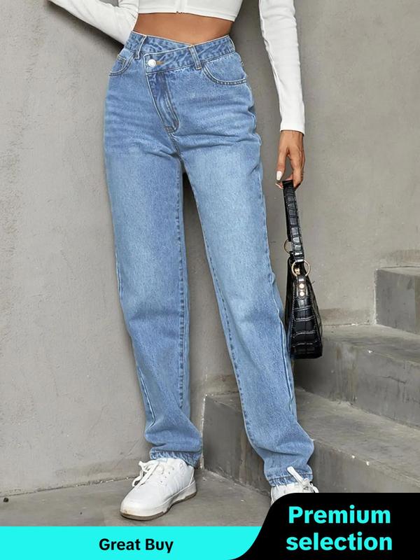Women's Plain High Waist Straight Leg Vintage Jeans, Fashion Streetwear, Street Overlap Waist Pocket Denim Pants Mom Jeans for Daily Outdoor Wear, Ladies Bottoms for All Seasons, Fall Clothes
