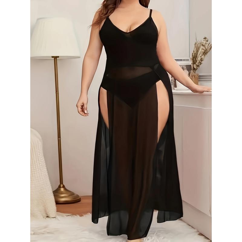 Women's Sexy Lingerie Dress Set, Plus Size Semi Sheer Thigh Split Long Mesh Cami Dress & Panty Lingerie 2 Piece Set