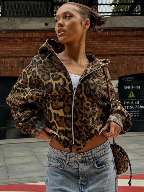 Women's Leopard Print Zip Up Hooded Jacket, Casual Drop Shoulder Long Sleeve Outerwear for Fall & Winter, Ladies Clothes for Daily Wear