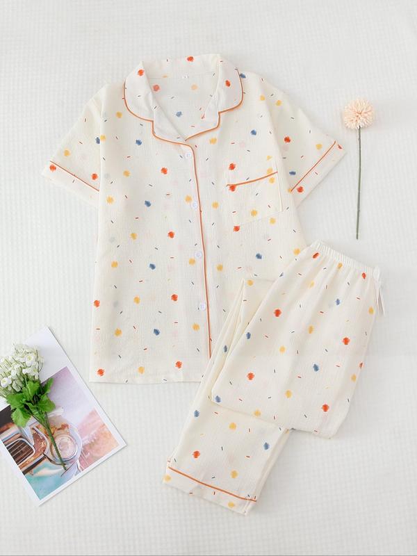 Two-piece Set Women's Back To School Cute All Over Print Button Shortsleeve Blouse & Elastic Waist Pants Comfortable Pyjamas Cute Nightwear Set, Summer Clothes Women, Casual Style Comfort Lapel Pocket Top & Pants Loungewear Pjs Set, Womenswear Pyjamas