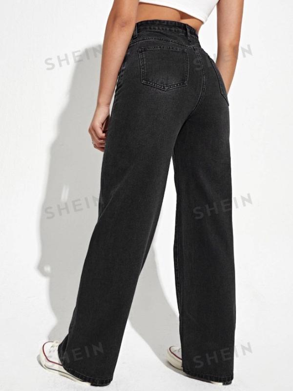 Women  High Waist Slant Pocket Straight Leg Jeans Fashion Fit
