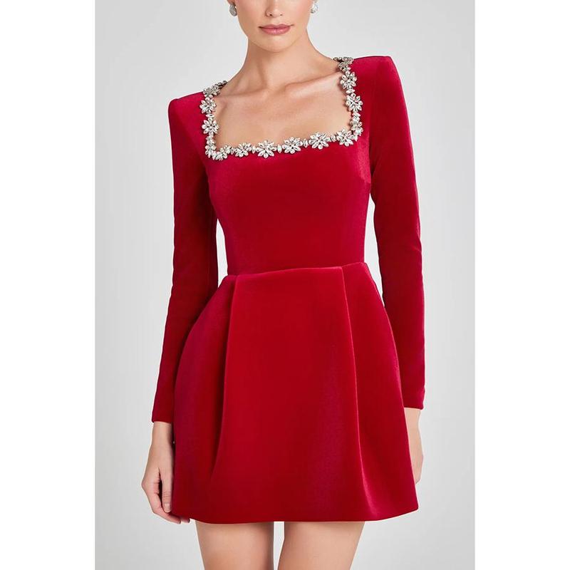 Square Neck Long Sleeve Short Wedding Dresses for Brides Velvet Beaded Mini Prom Bridal Shower Gown Party Dress