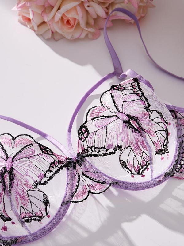 Women's 2pcs Butterfly Embroidery Sheer Sexy Lingerie Set, Breathable Comfortable Push Up Bra & Thong, Fashion Lingerie Set for Women