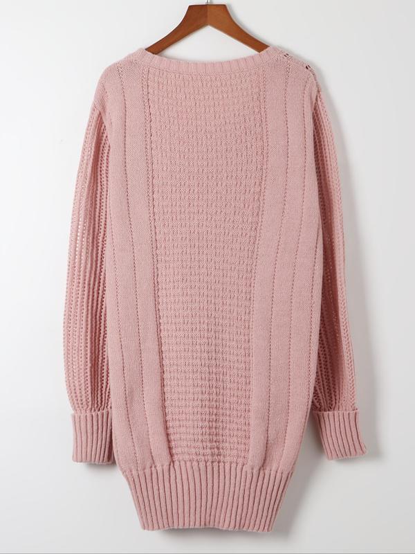 Women's Textured Hollow Out Drop Shoulder Sweater Dress, Casual Long Sleeve Round Neck Knit Dress for Fall & Winter, Women's Knitwear for Daily Wear, Fall Outfits, Fallfreshness