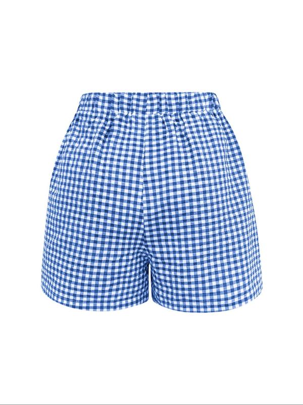 Women's Plaid Print Patched Wide Leg Shorts, Casual Pocket Elastic Waist Shorts for Daily Wear, Ladies Bottoms for All Seasons, Preppy 80s Clothes