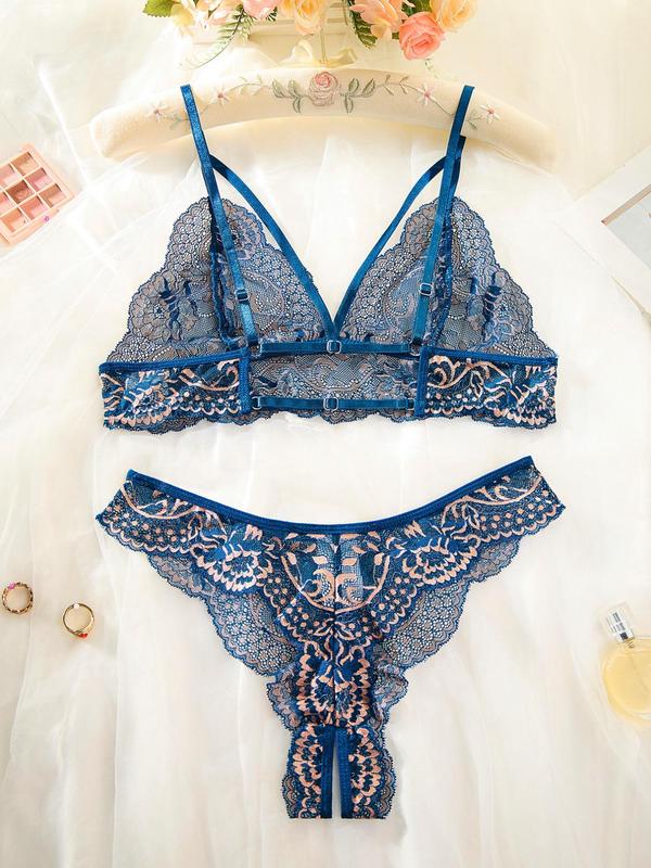 Women's Colorblock Lace Sexy Lingerie Set, Adjustable Strap Cut Out Push Up Bra & Crotchless Thong Set, Soft Comfy Breathable Lingerie Set for Women