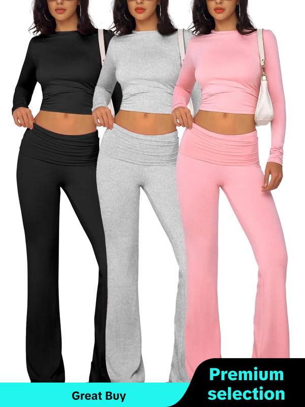 Women's Solid Long Sleeve Short Tee & Flare Leg Pants Set, Casual Round Neck Top & Bell Bottom Trousers for Daily Wear, Ladies Clothes for All Seasons