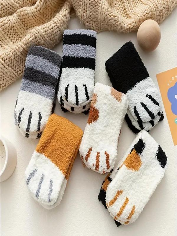 Women's Cartoon Cat Paw Print Fuzzy Socks, Cute Soft Comfy Mid-calf Socks for Fall & Winter, Women's Socks for Daily Wear