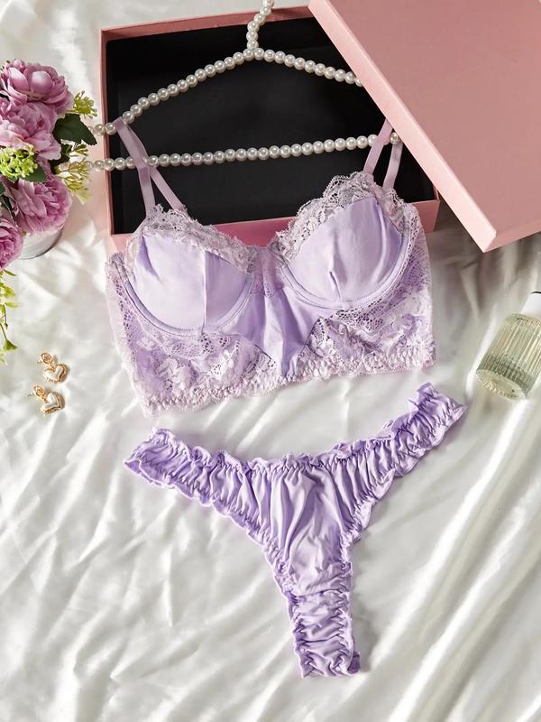 Women's Sheer Ruched Sexy Lace Lingerie Set, Romantic Underwire Bra & Frill Trim Thong Set, Soft Comfortable Underwear Set for Women