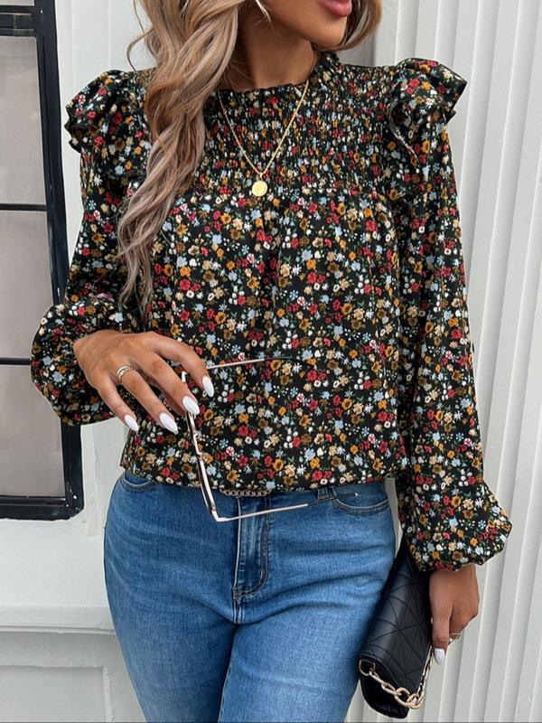 Women's Floral Print Ruffle Layered Sleeve Blouse, Boho Mock Neck Shirred Top for Summer, Women's Clothing for Daily Wear