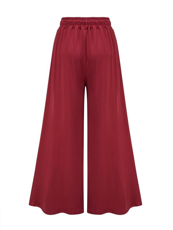  Solid Drawstring Waist Wide Leg Pants, Casual Pocket Trousers for Daily Wear, Pants for Women, Baggy Pants, Women's Bottoms for All Seasons