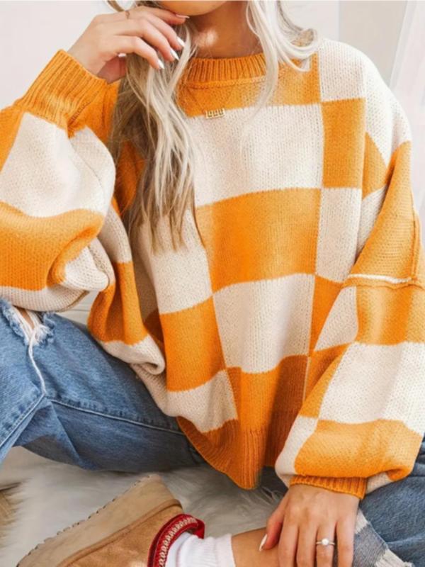Women's Colorblock Plaid Print Drop Shoulder Sweater, Casual Long Sleeve Round Neck Jumper for Fall & Winter, Fashion Ladies' Knitwear for Daily Wear