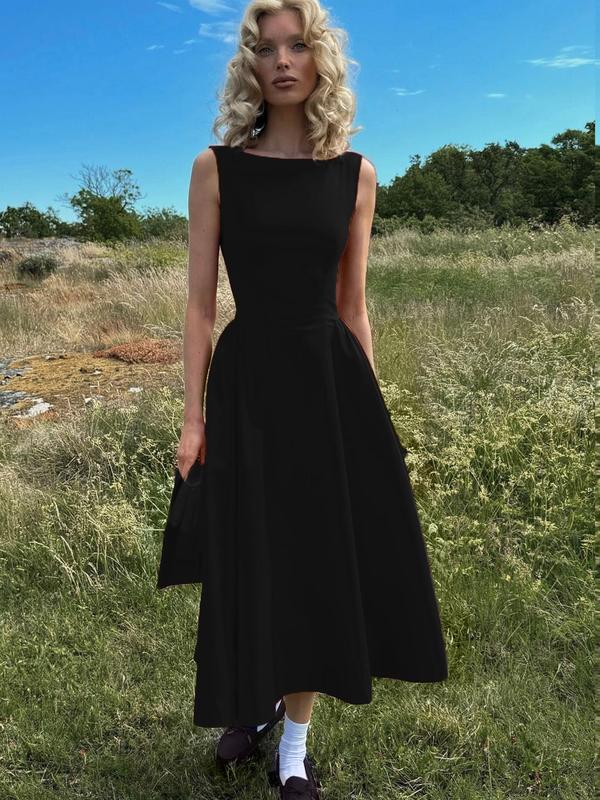 Women's Plain Backless Boat Neck A Line Dress, Elegant Sleeveless Zipper Back Long Dress for Party Holiday Wedding Guest, Ladies Summer Clothes