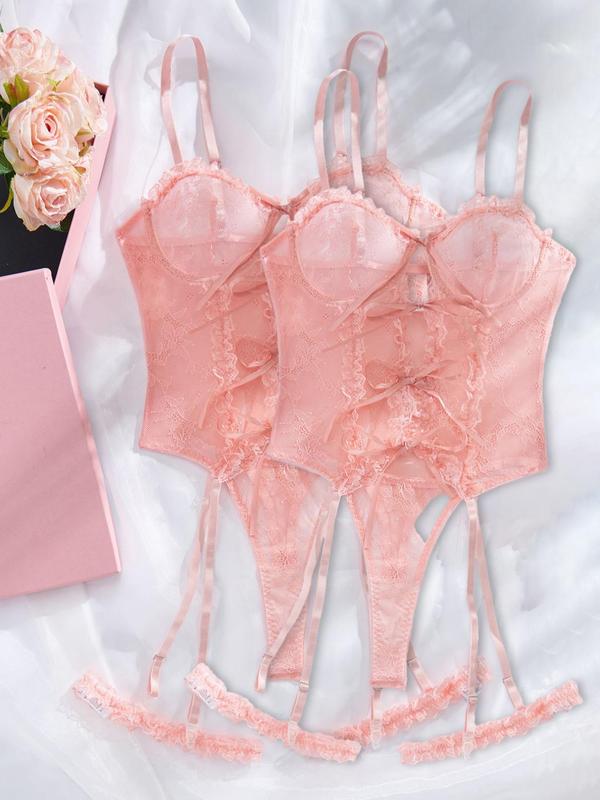 Women's Floral Lace Sheer Sexy Lingerie Set, Chic Bow Decor Ruffle Trim Lingerie & Garter Belt Set, Women's Lingerie & Underwear for All Seasons