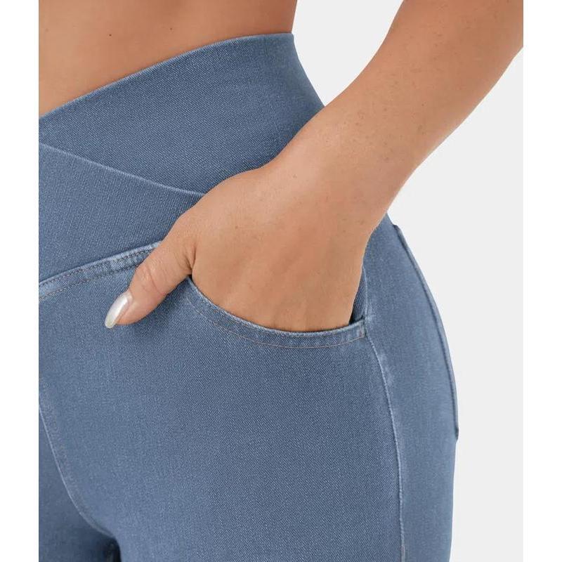 HalaraMagic High Waisted Crossover Pocket Cool Touch Washed Stretchy Knit Casual Super Flare Jeans