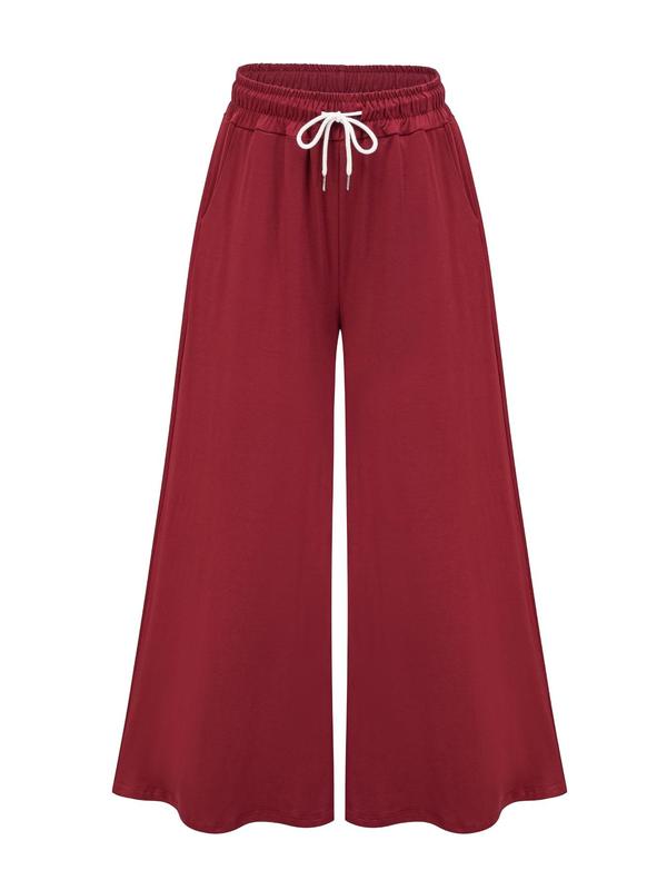  Solid Drawstring Waist Wide Leg Pants, Casual Pocket Trousers for Daily Wear, Pants for Women, Baggy Pants, Women's Bottoms for All Seasons