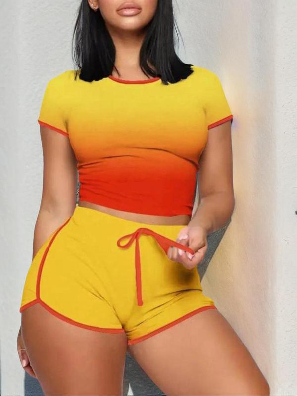 Two-Piece Set Women's Contrast Binding Crop Top & Drawstring Waist Shorts Two-piece Set, Comfort Round Neck Short Sleeve Top & Shorts, Summer Clothes Women, Summer Outfits 2024 Sets, Casual Summer Clothes for Lady Outdoor Daily Wear, Womenswear