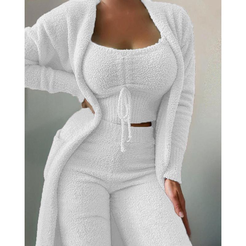 Autumn and Winter New Women's Fashion Casual Plush Lace-up Cardigan 3-Piece Trousers Suit