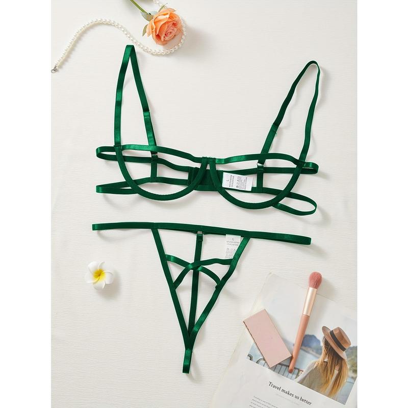Sultry Hollow Out Lingerie Set - Thin Shoulder Straps, Push-Up Bra, Thong, Sexy Women's Intimates Clothing for Confidence Boost