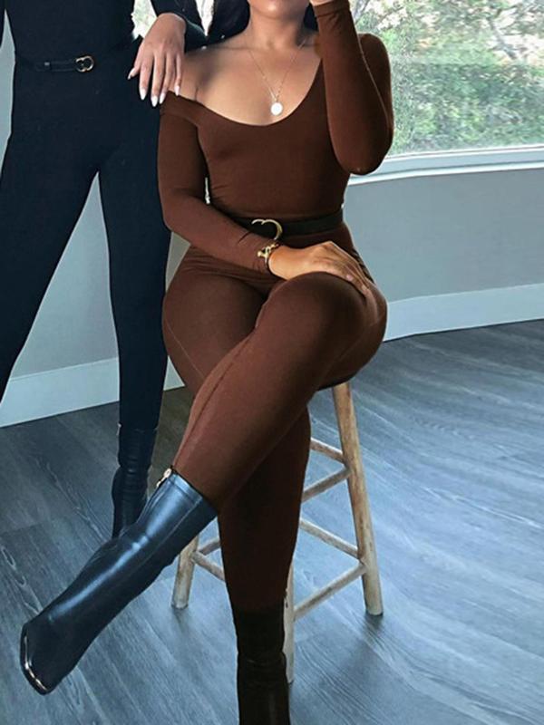 Women's Solid Long Sleeve Scoop Neck Jumpsuit, Comfort Basic Minimalist Casual High Waist Jumpsuit for Spring & Fall, Lady's Clothes for Daily Wear, Womenswear