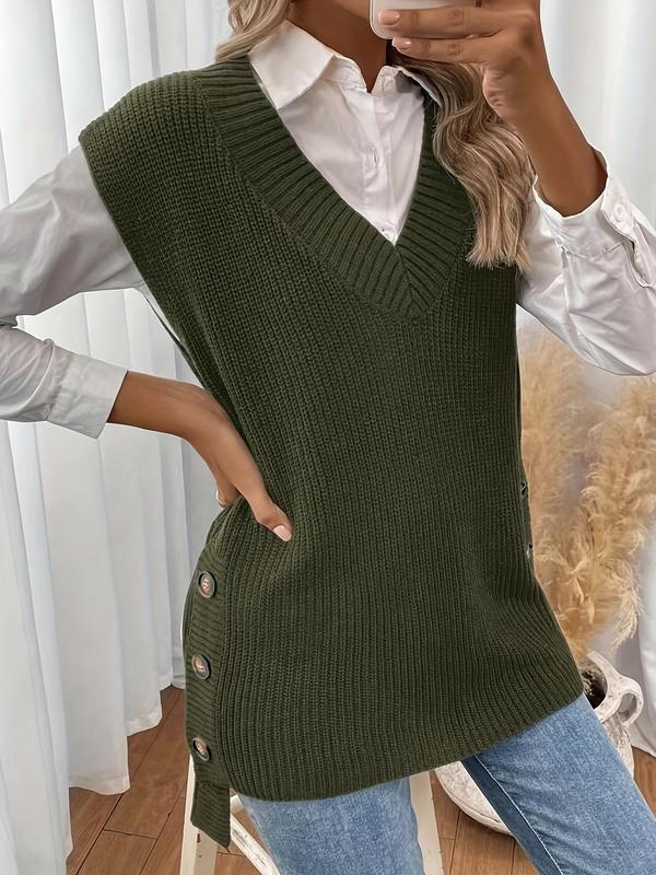Women's Plain High Low Hem Button V Neck Sweater Vest, Casual Solid Color Sleeveless Knit Top for Daily Wear, Ladies Clothes for All Seasons