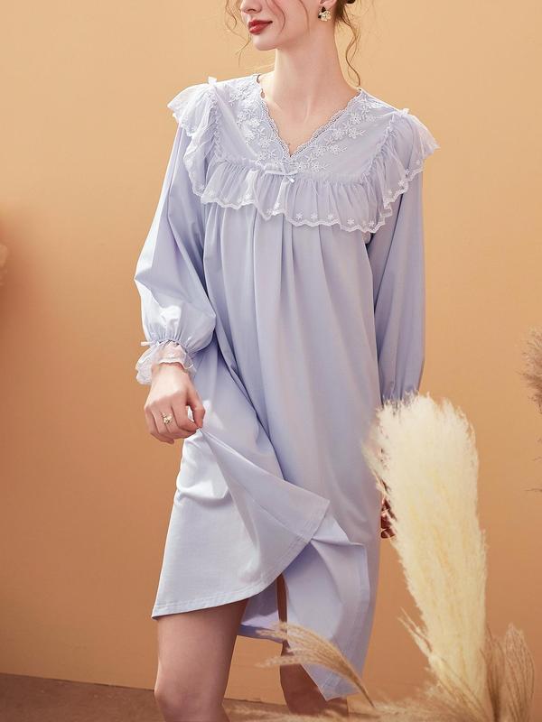 Women's Contrast Lace Ruffle Trim Nightdress, Long Sleeve V Neck Nightgown, Ladies Sleepwear for Spring & Fall