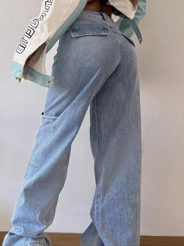 Women's Plain Pocket Button Straight Leg Jeans, Casual Comfy Denim Jeans for Daily Wear, Ladies Bottoms for Fall & Winter