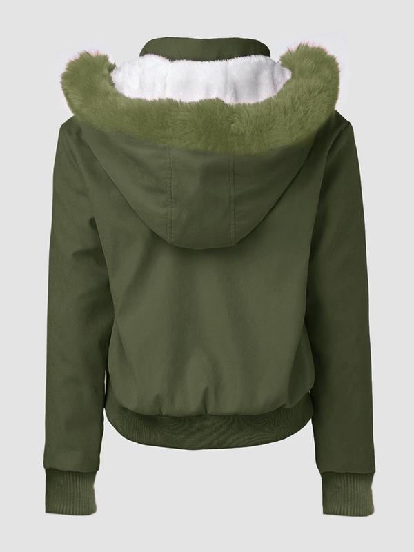 Women's Contrast Faux Fur Trim Hooded Thermal Lined Jacket, Casual Long Sleeve Button Pocket Zip Up Outerwear for Fall & Winter, Women's Clothes for Daily Wear