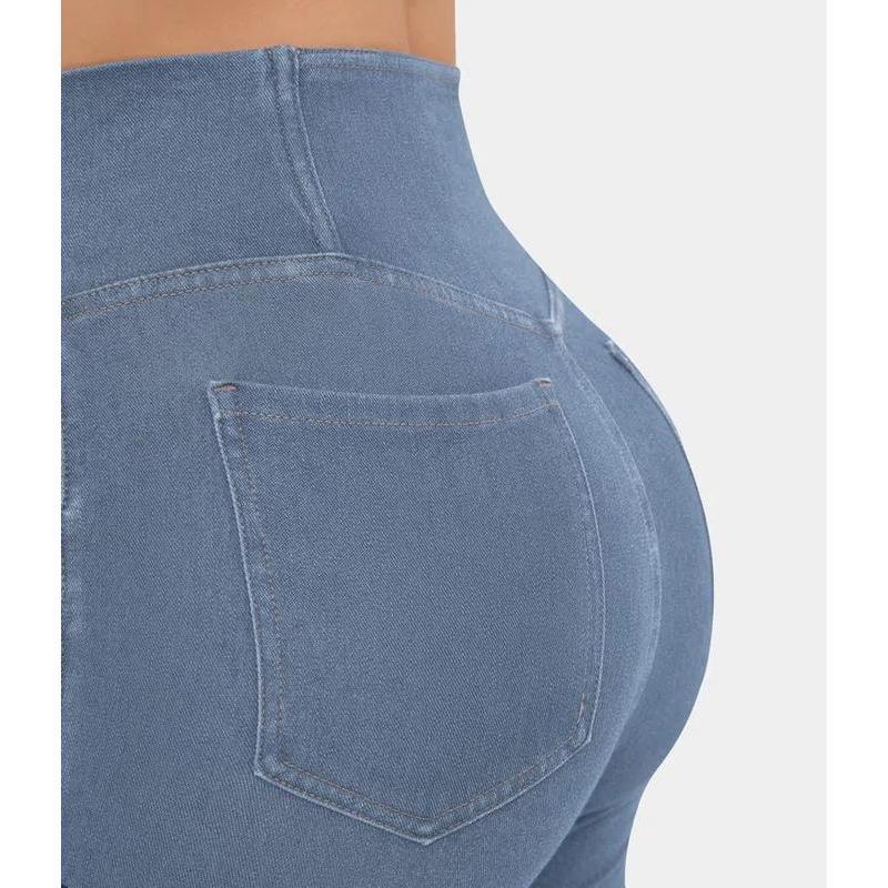 HalaraMagic High Waisted Crossover Pocket Cool Touch Washed Stretchy Knit Casual Super Flare Jeans