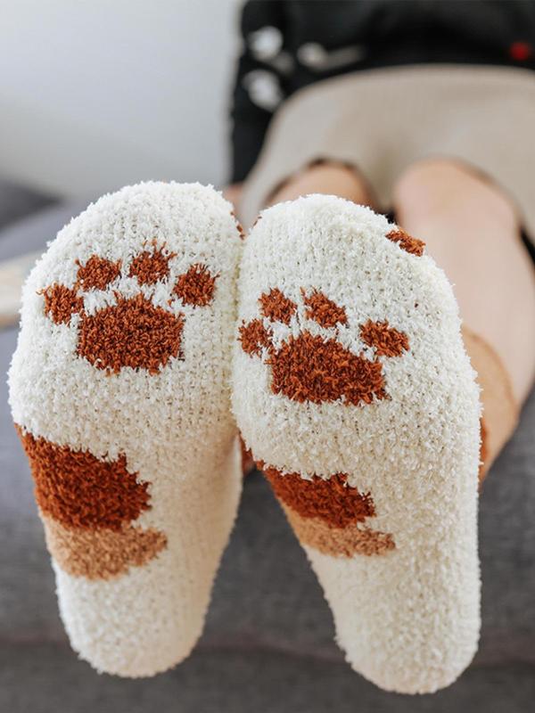 Women's Cartoon Cat Paw Print Fuzzy Socks, Cute Soft Comfy Mid-calf Socks for Fall & Winter, Women's Socks for Daily Wear