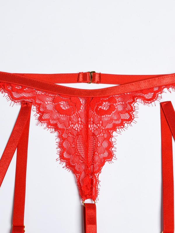 Women's Solid Sheer Lace Sexy Lingerie Set, Adjustable Strap Bra & Thong & Garter Belt & Thigh Rings Set, Sexy Lingerie Set for Women