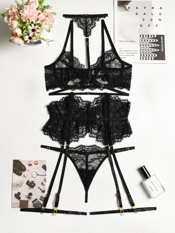 Women's Solid Sheer Lace Sexy Lingerie Set, Adjustable Strap Bra & Thong & Garter Belt & Thigh Rings Set, Sexy Lingerie Set for Women