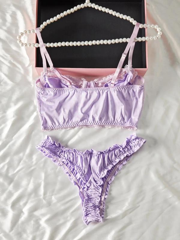 Women's Sheer Ruched Sexy Lace Lingerie Set, Romantic Underwire Bra & Frill Trim Thong Set, Soft Comfortable Underwear Set for Women
