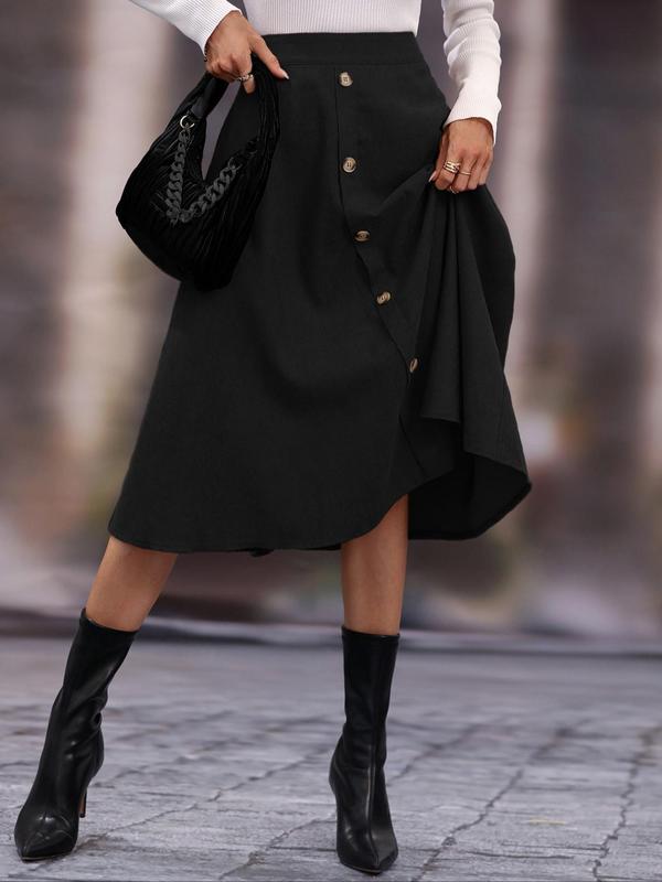 Women's Plain Fake Buttons Decor Midi Skirt, Elegant High Waist Skirt for Work Office Business, Ladies Spring & Fall Clothes