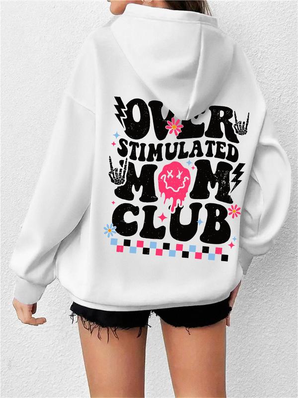Women's Cartoon Letter Print Drop Shoulder Hoodie,  Fall Outfits 2024 Fashion Casual Drawstring Pocket Hooded Sweatshirt for Daily Holiday Outdoor Wear, Ladies Clothes for All Seasons