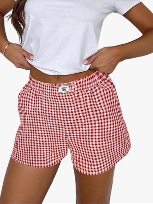 Women's Plaid Print Patched Wide Leg Shorts, Casual Pocket Elastic Waist Shorts for Daily Wear, Ladies Bottoms for All Seasons, Preppy 80s Clothes