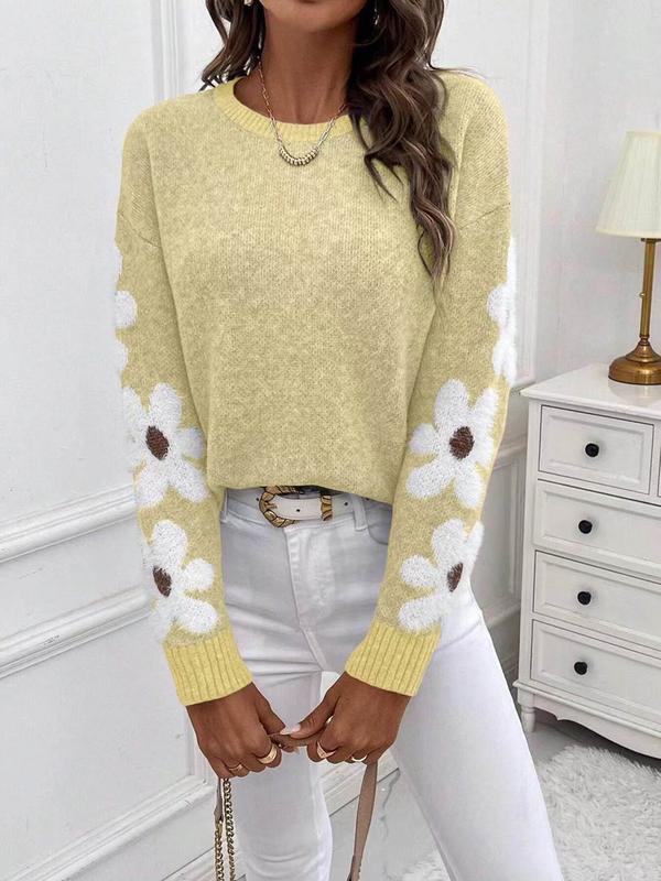 Women's Floral Print Drop Shoulder Sweater, Casual Long Sleeve Round Neck Jumper for Fall & Winter, Fashion Ladies' Knitwear for Daily Wear
