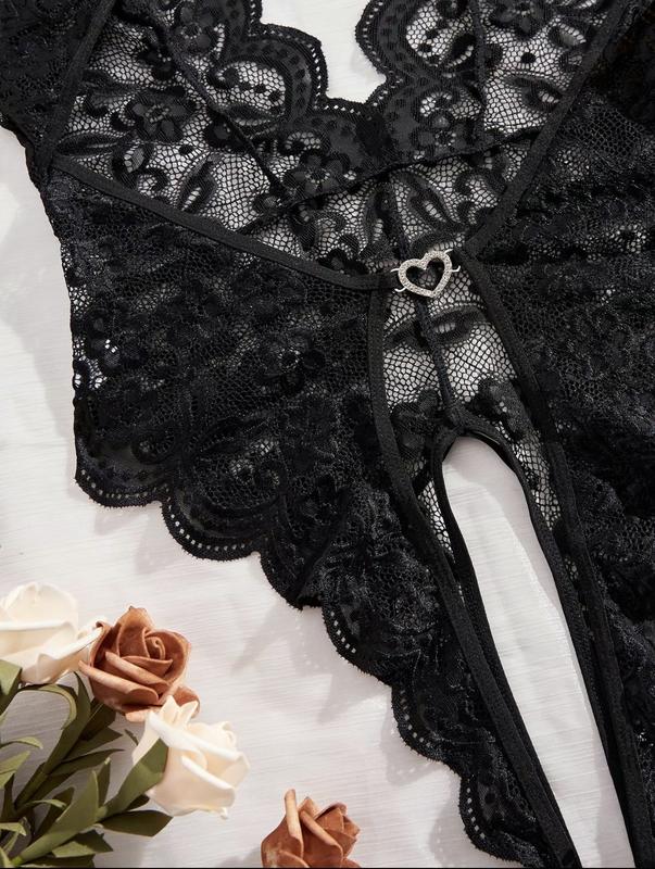 Women's Sexy Lingerie One Piece Women Deep V Floral Lace Bodysuit heart ring backless lingerie nightwear womenswear lady