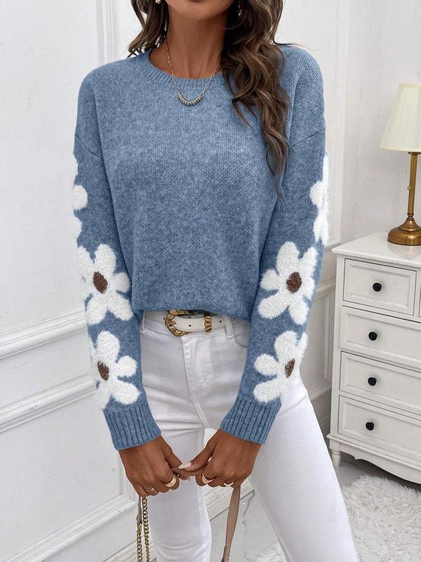 Women's Floral Print Drop Shoulder Sweater, Casual Long Sleeve Round Neck Jumper for Fall & Winter, Fashion Ladies' Knitwear for Daily Wear