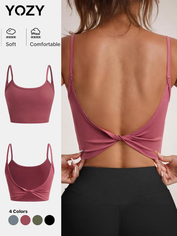 Black Friday Deals YOZY Women's Solid Twist Backless Crop Cami Top, Casual Spaghetti Strap Crop Top for Daily Wear, Ladies Clothes for All Seasons,Christmas 2024 Trend,Thanksgiving Clothing,Fall Clothing,Winter Clothing