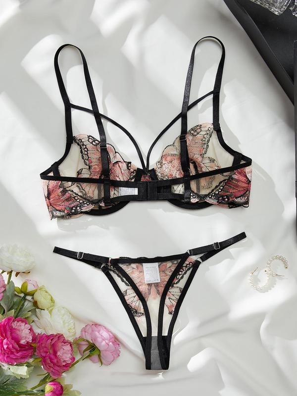 Women's 2pcs Butterfly Embroidery Sheer Sexy Lingerie Set, Breathable Comfortable Push Up Bra & Thong, Fashion Lingerie Set for Women