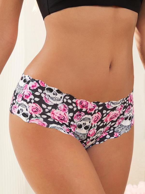 Women's All Over Skull Print Scallop Trim Girls Knickers, Fall Wear, Soft Comfy Breathable Seamless Panty for Daily Wear, Women's Underwear for Fall, Underwear for Women, Fall Womenswear