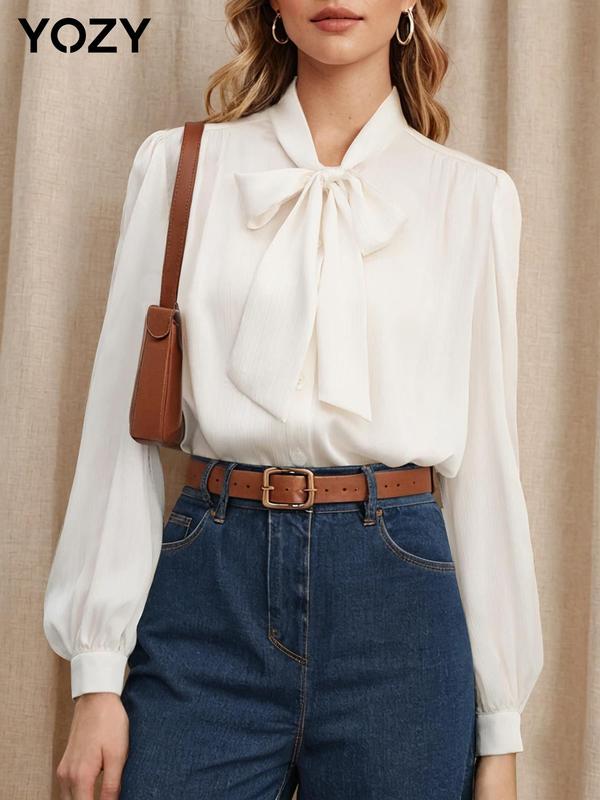 YOZY Women's Plain Button Front Bishop Sleeve Blouse, Casual Long Sleeve Tie Neck Top for Daily Wear, Ladies Clothes for All Seasons
