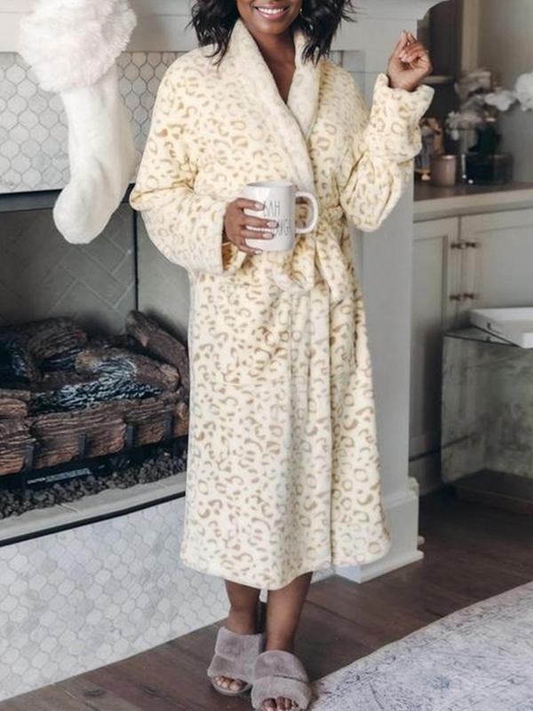 Women's Leopard Print Pocket Belted Wrap Lounge Robe, Casual Long Sleeve Dressing Gown, Women's Sleepwear for Winter