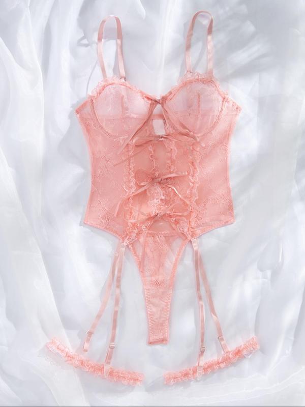 Women's Floral Lace Sheer Sexy Lingerie Set, Chic Bow Decor Ruffle Trim Lingerie & Garter Belt Set, Women's Lingerie & Underwear for All Seasons
