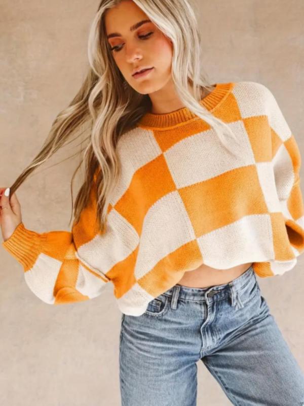 Women's Colorblock Plaid Print Drop Shoulder Sweater, Casual Long Sleeve Round Neck Jumper for Fall & Winter, Fashion Ladies' Knitwear for Daily Wear
