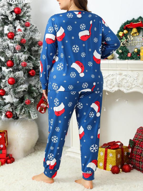  Two-Piece Set Christmas Print Long Sleeve Tee & Elastic Waist Pants Pajama Set, Casual Comfy Round Neck Top & Trousers PJ Set, Women's Sleepwear for Fall & Winter