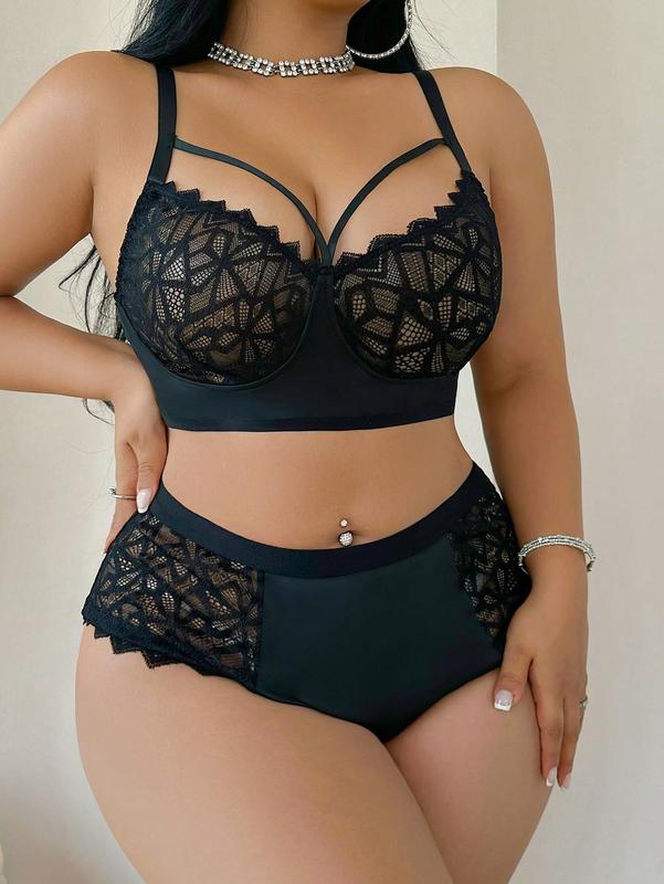 2pcs Plus Size Wireless Lace Patchwork Bra Set women's underwear Adjustable Wireless Breathable Bra